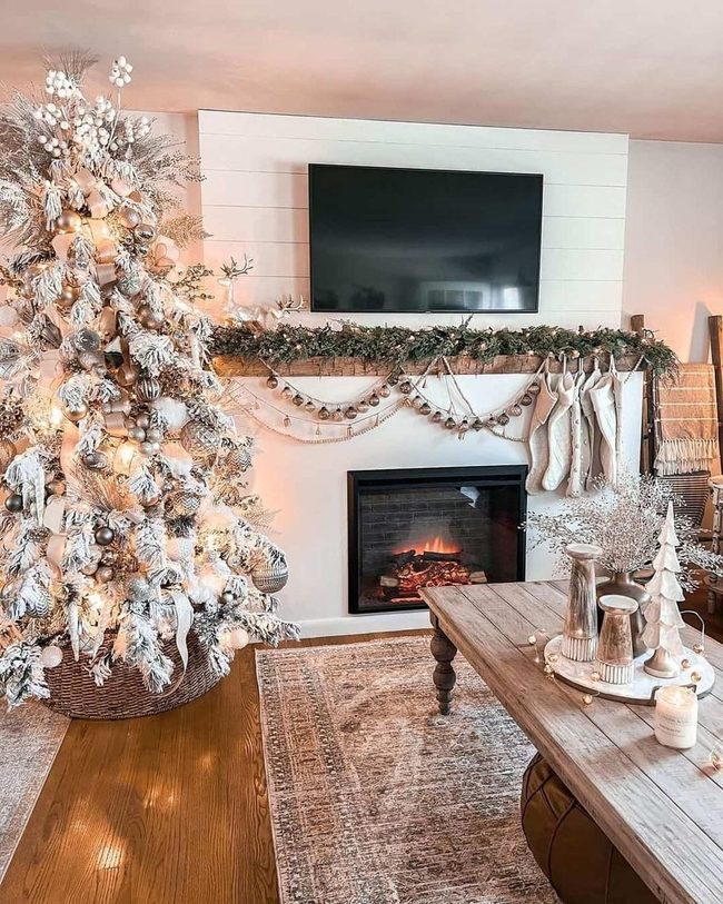 Dark Green Garland On Shiplap Mantels
