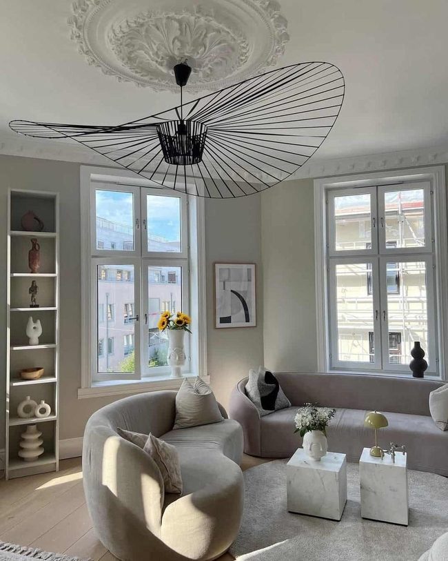 Pearl Gray Sofas With Black Iron Pendant