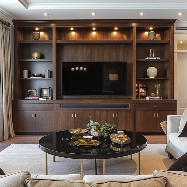 Timber Media Wall with Soft Accent Lighting