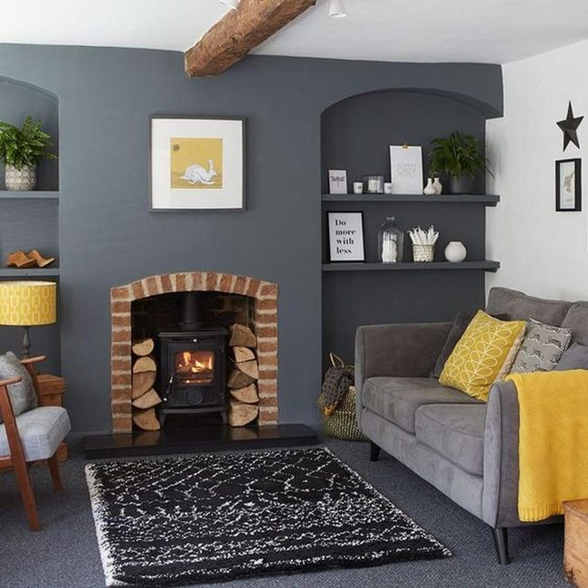 Yellow Accents Against Gray Fireplace