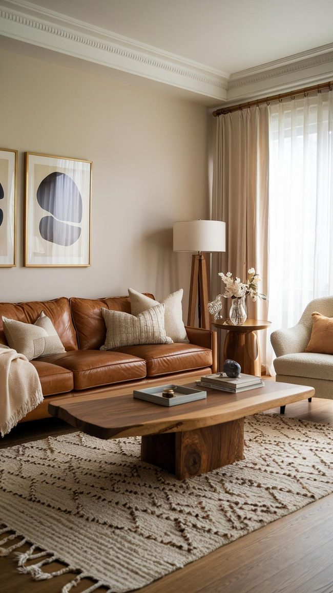 Brown Leather Sofa With Brass Accents