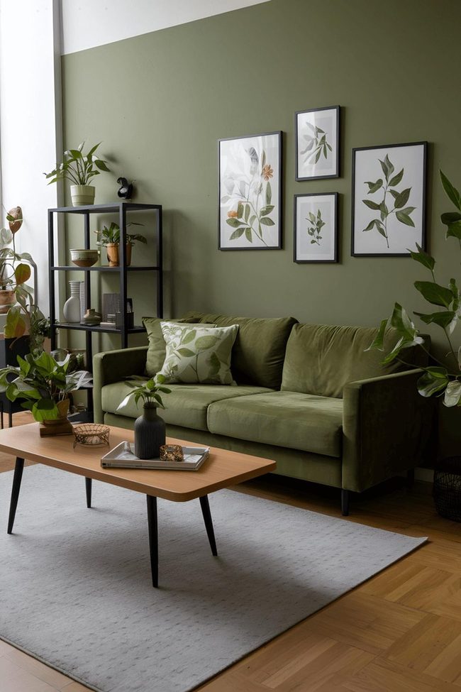 Green Sofa Against Matching Walls
