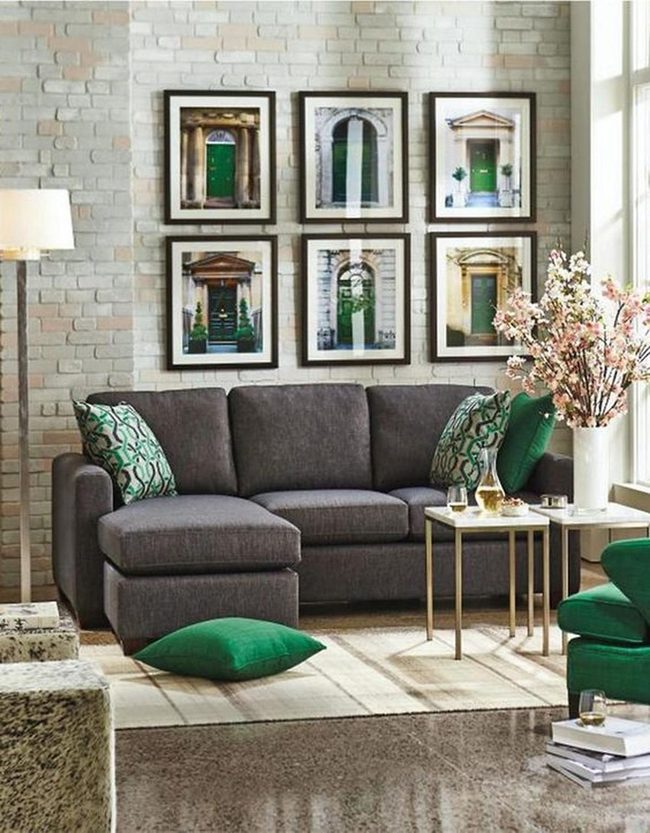 Charcoal Sectional Meets Green Patterned Comfort