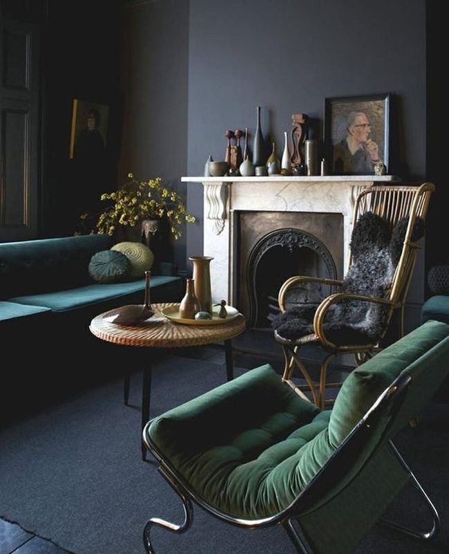 Dark Walls, Green Furniture, Yellow Flowers