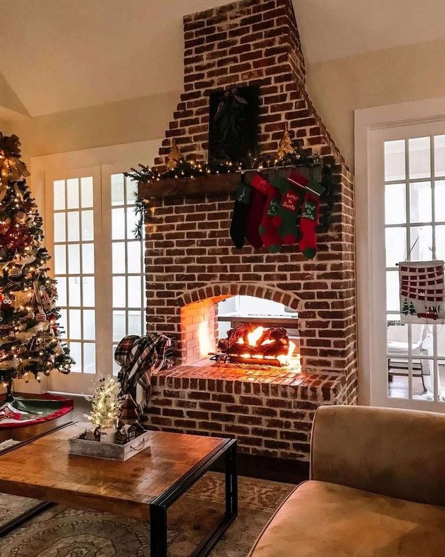 Red Brick Fireplace Christmas Gathering