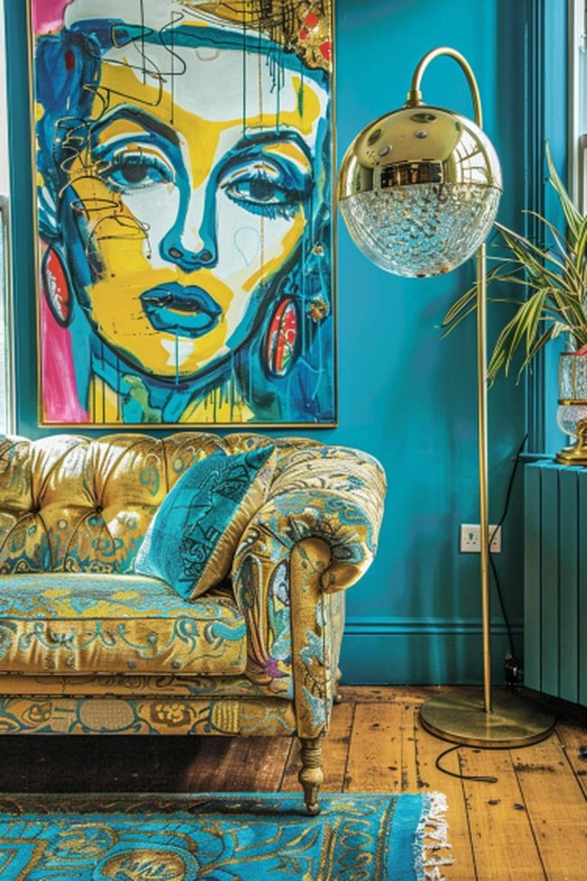 Turquoise Wall With Golden Sofa
