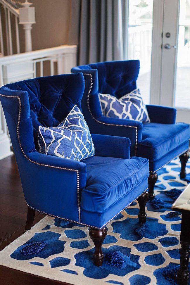Sapphire Velvet Armchairs With Brass Accents