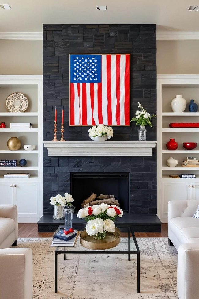 Black Stone Fireplace American Flag