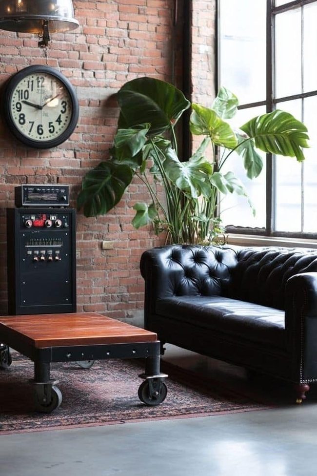 Black Leather Sofa Industrial Sitting Room