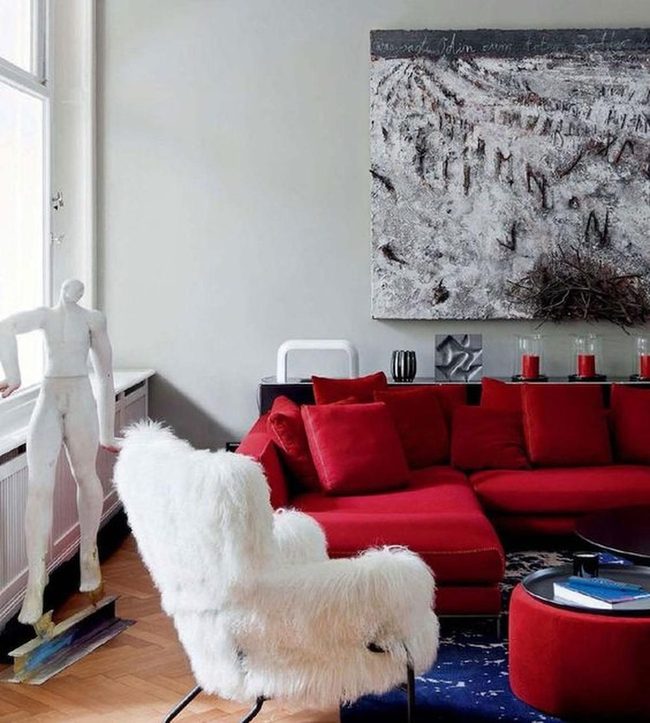 Red Sectional Meets Modern Art
