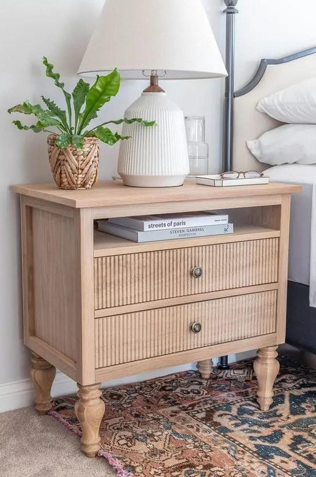 Carved Wood Bedside Tables And Layered Textures