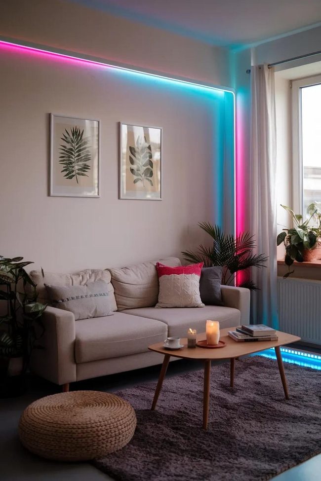 Neon Pink And Blue Strips Over Botanicals