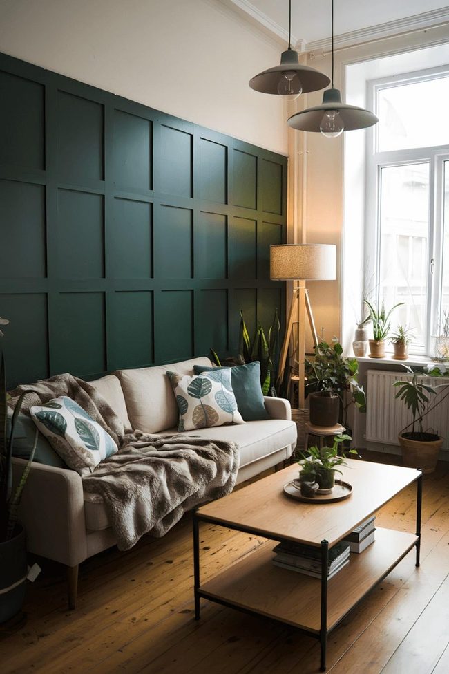 Deep Green Walls With Natural Oak Botanicals