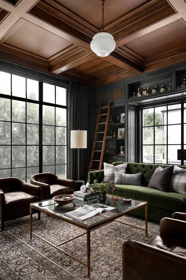Dark Wood Walls With Green Velvet