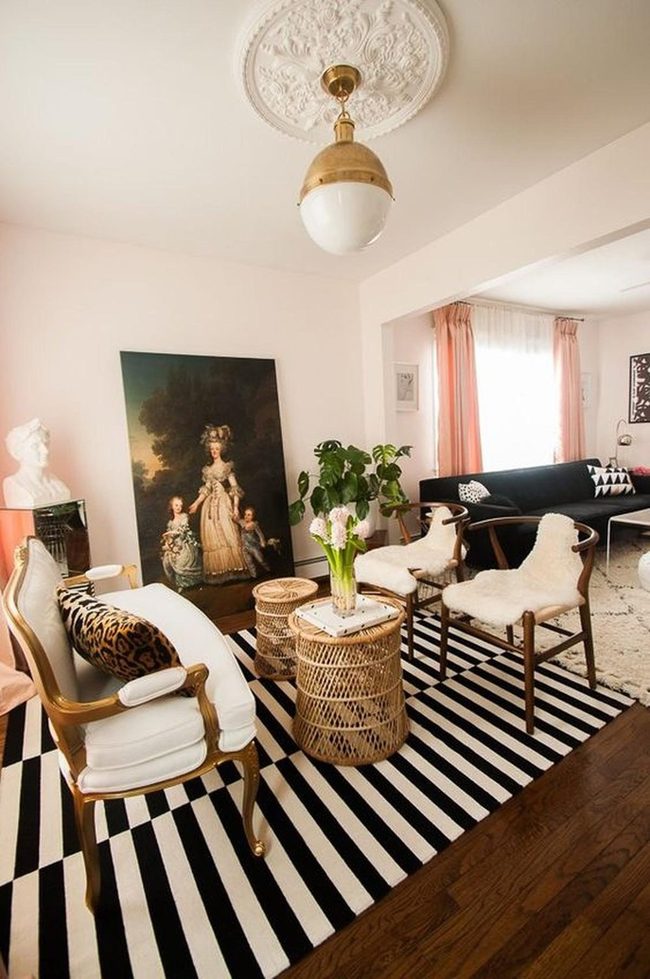 Black Striped Rug Anchors Everything