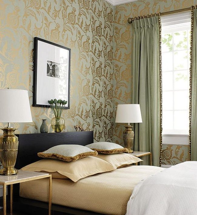 Gold Geometric Patterns Dark Wood Bedroom