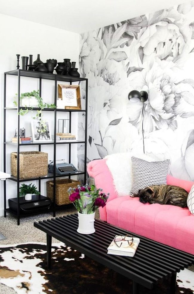 Pink Sofa, Black Shelves, Cozy Layers