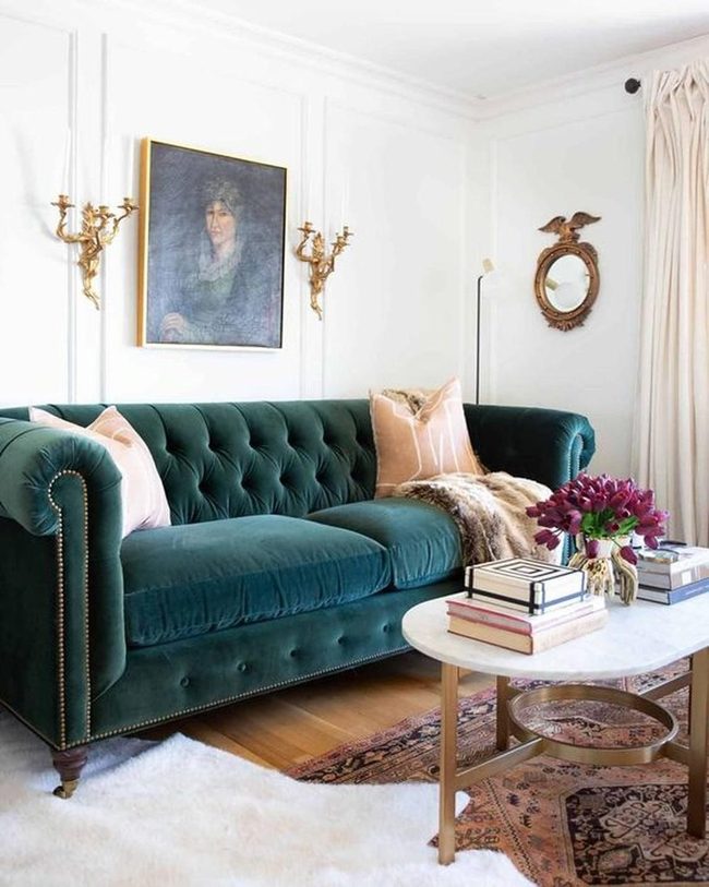 Green Velvet Sofa With Pink Accents