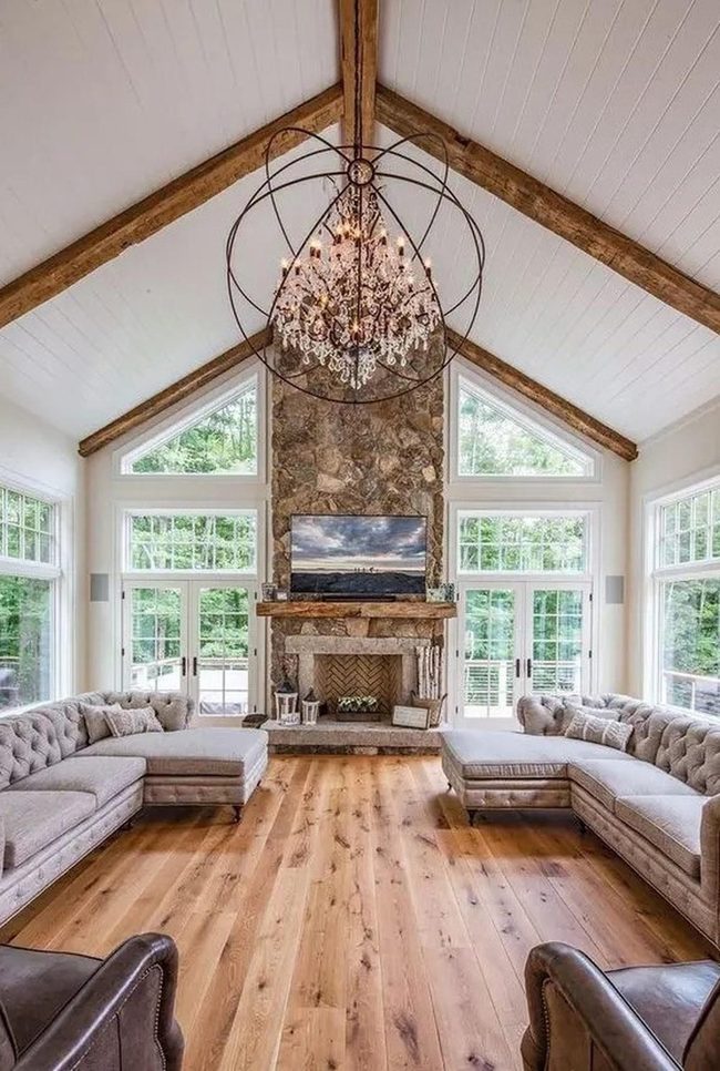 Wooden Beams Meet Stone Fireplace