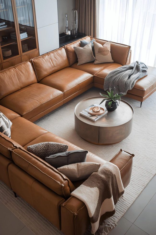 Brown Leather Meets Metallic Modern Living