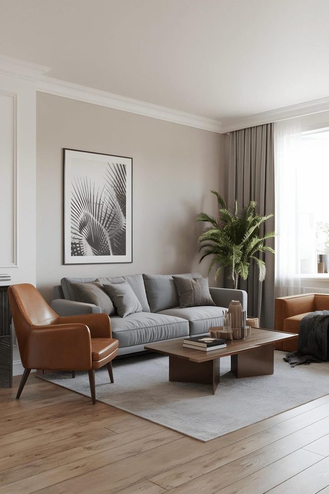 Black And White Palm Leaf Above Grey Sofa