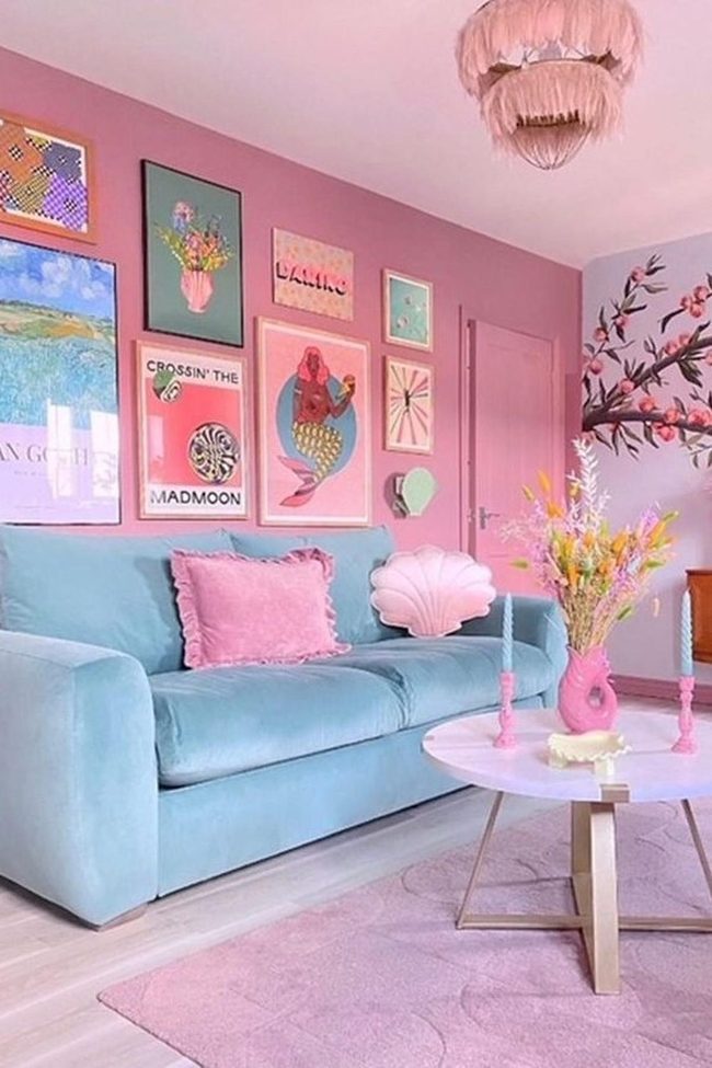 Pink Walls, Blue Sofa, Coastal Joy