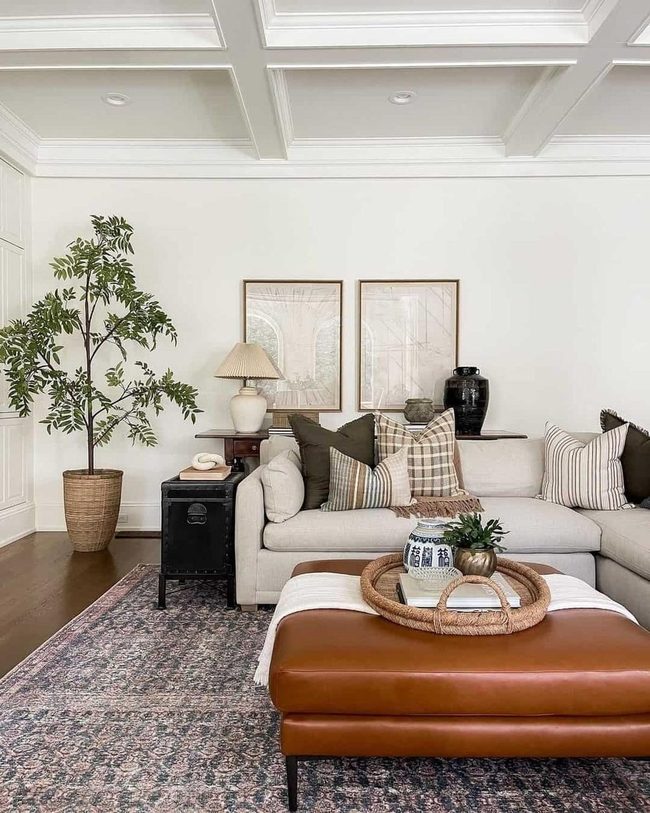 White Coffered Ceiling Anchors Modern Traditional Space