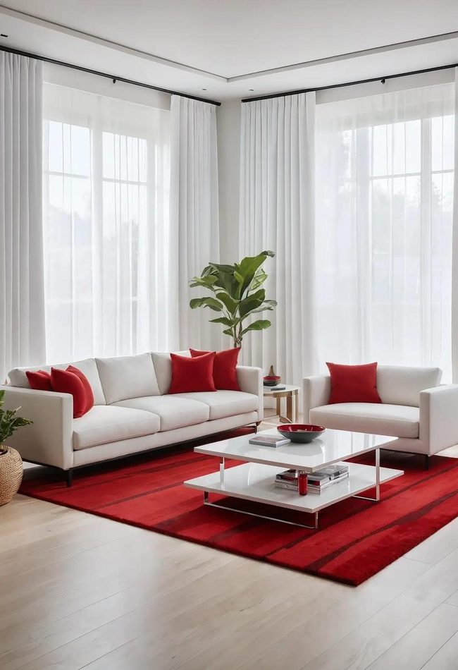 White Furniture Against Bold Red Rug