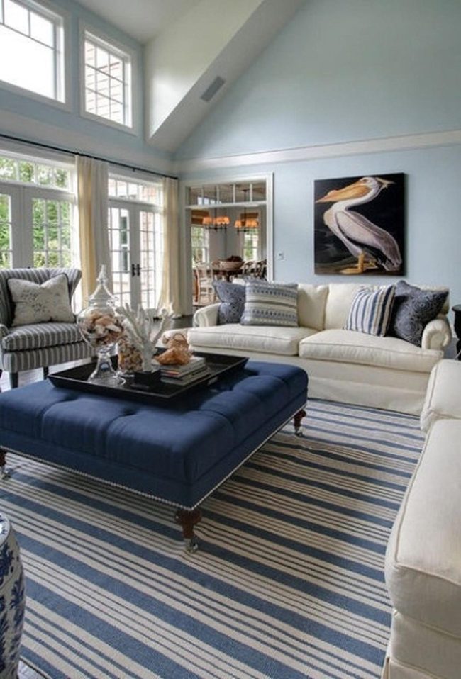 Blue Striped Floor Anchors Living Room