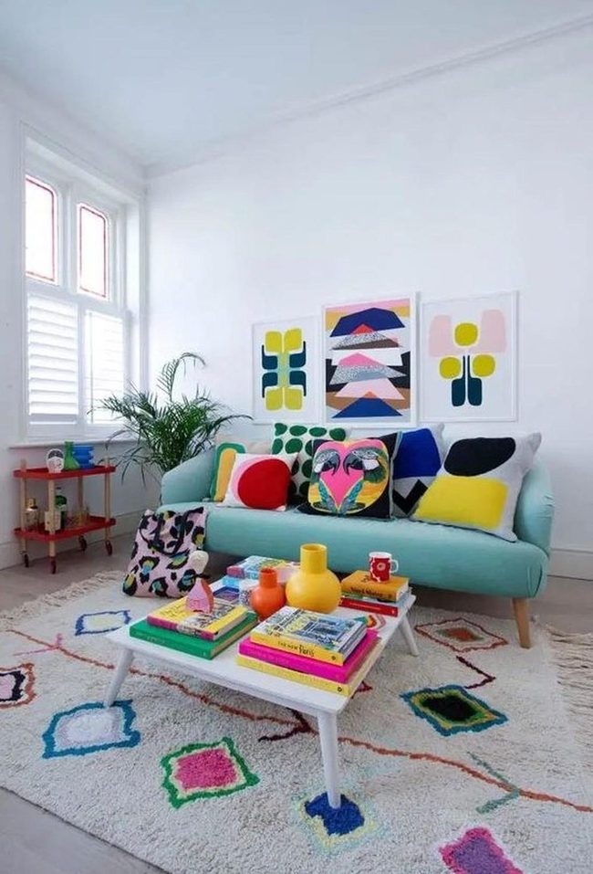 Blue Sofa Patterned Pillows Bright Artwork