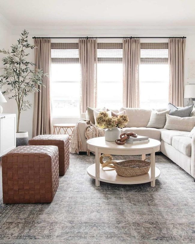 Blond Wood Table With Leather Ottomans