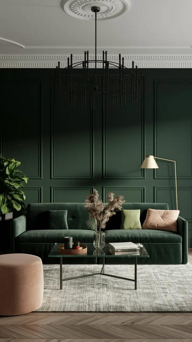 Deep Green Walls With Charcoal Modern Sofa