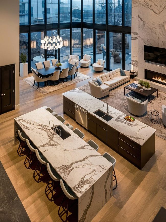 Marble Counters Connect Cooking Space Living
