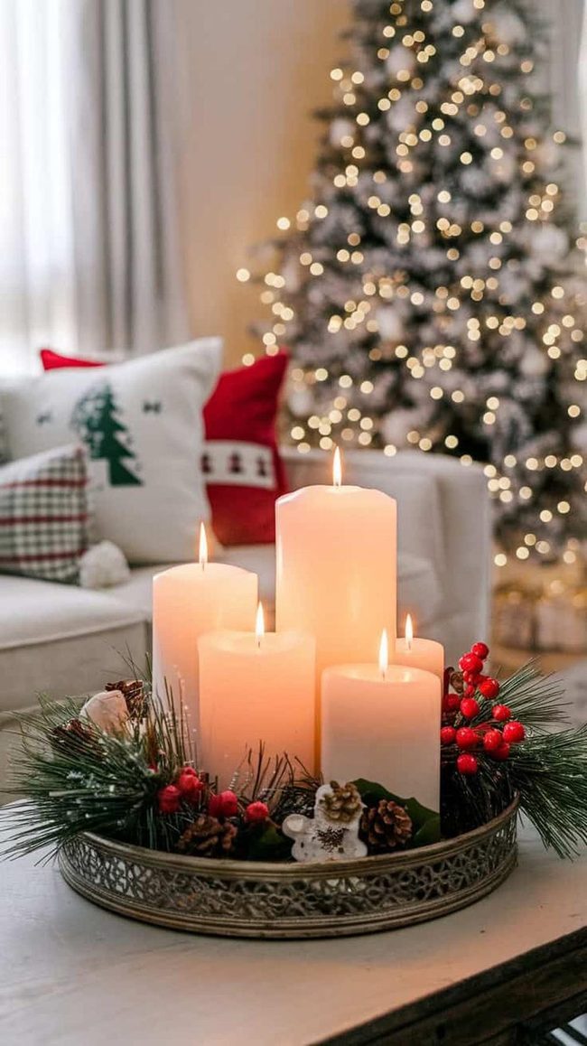 White Pillar Candles with Fresh Pine