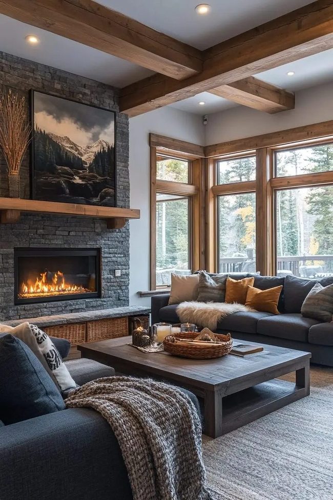 Exposed Wood And Leather Living