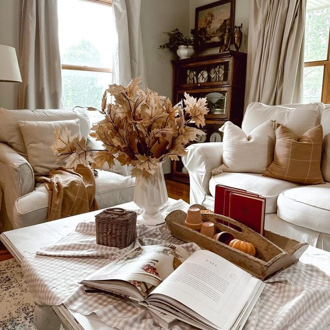 Beige Chair, Plaid Throw, Autumn