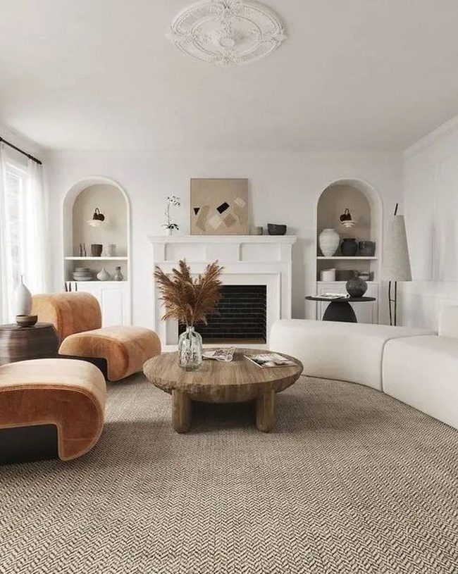Curved White Sofa With Warm Brown Accents