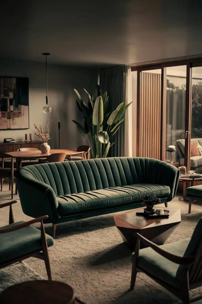 Green Velvet Mid-Century Sofa