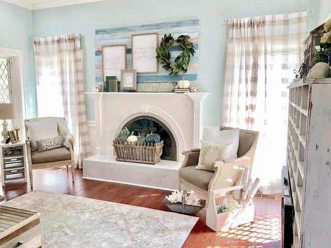 Blue Plaid Meets White Fireplace
