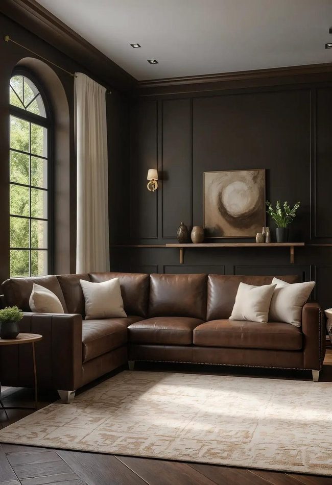 Cream Sofa Against Deep Brown Walls