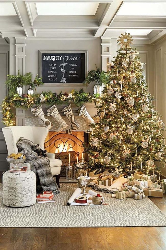 Golden Fireplace Sparkle And Greenery