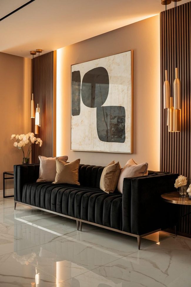 Black Velvet Sofa with Golden Accents