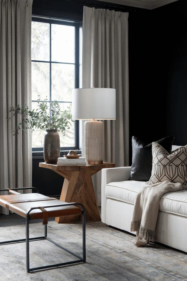 Dark Walls Natural Wood Geometric Contrast