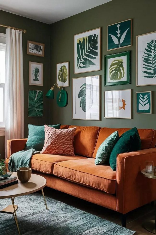 Burnt Orange Sofa, Emerald Walls
