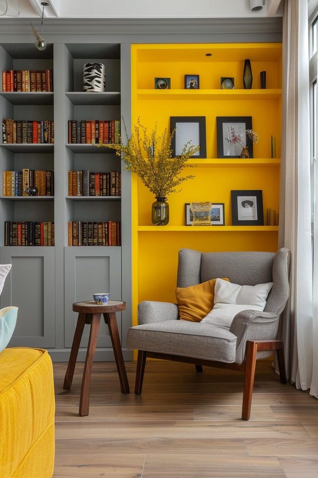 Yellow Wall Gray Shelves Reading