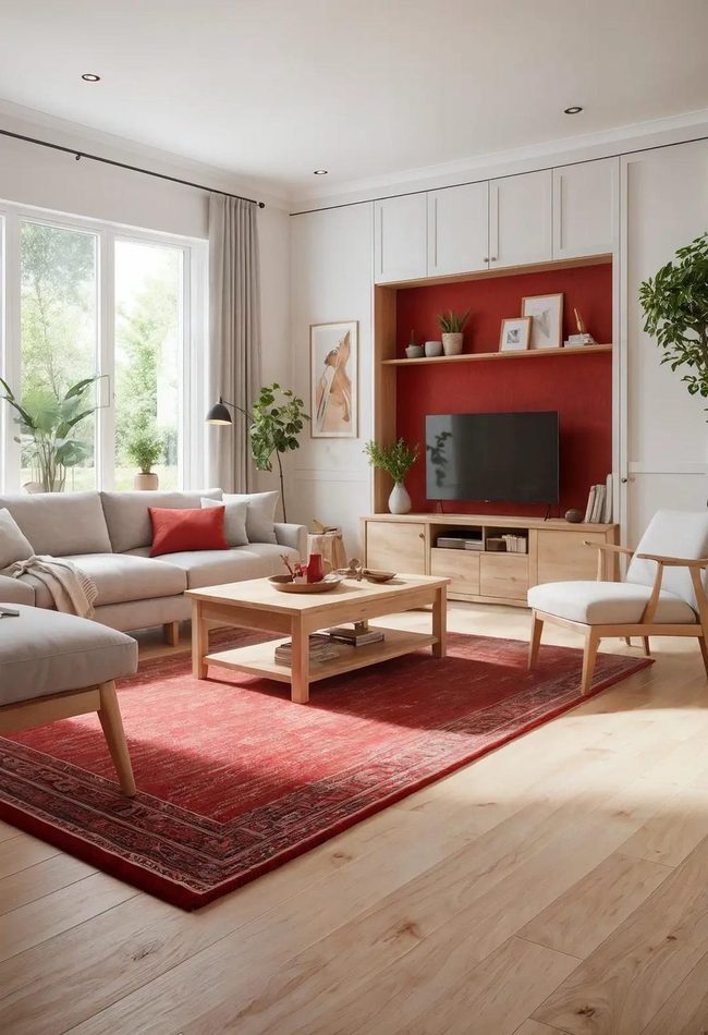 Red Rug Balanced With Soft Timber