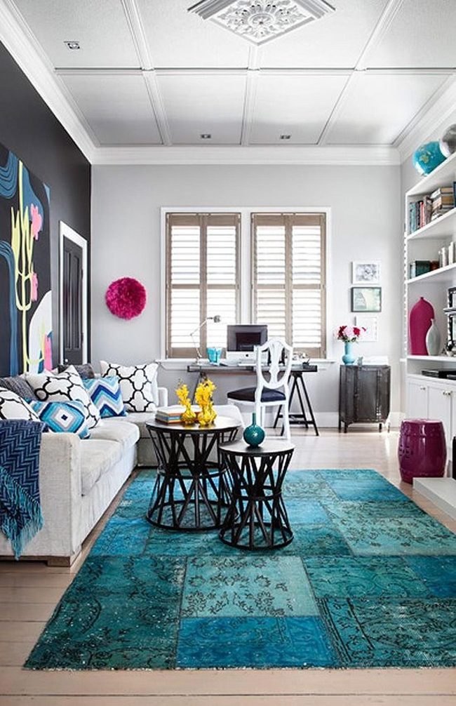 Blue Patterned Rug Anchors Space