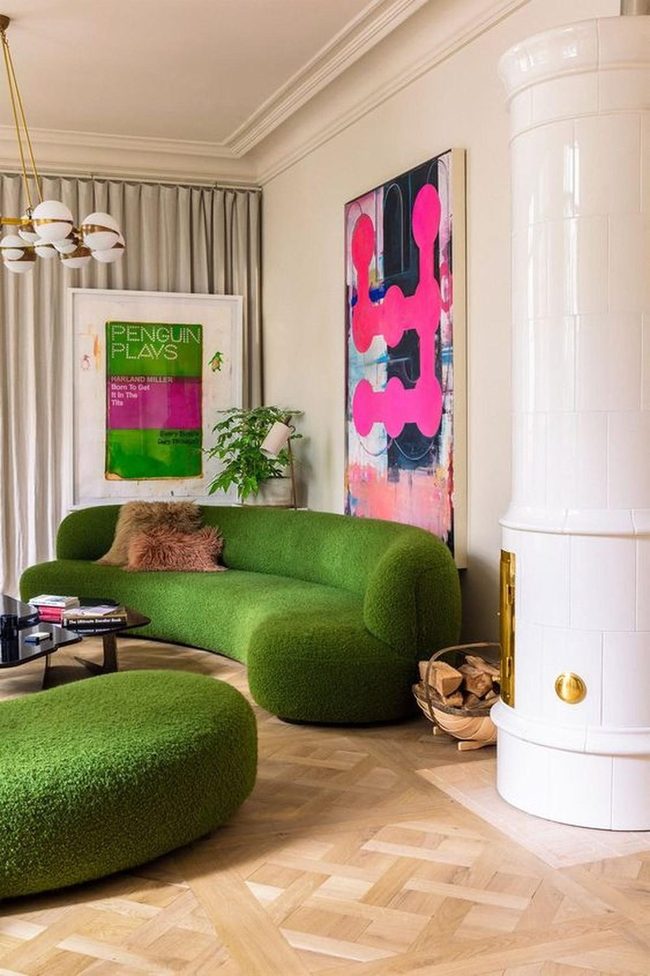 Green Curved Sofa, Brass Stove
