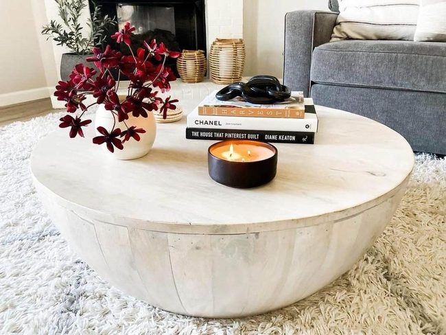 Wooden Drum Table With White Shag