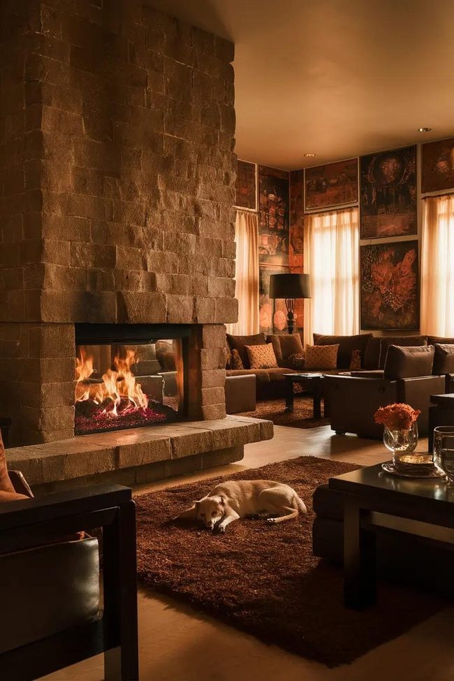 Black Stone Fireplace With Warm Browns